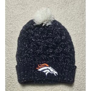 47 Brand Denver Broncos Womens Navy Blue Metallic Knit Pom Beanie NFL Hat